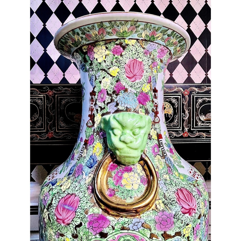 Vintage Famille Rose Floor Vase 2 Foot with Green and Gold Foo Dog Mask  Handles - Picture 4 of 12